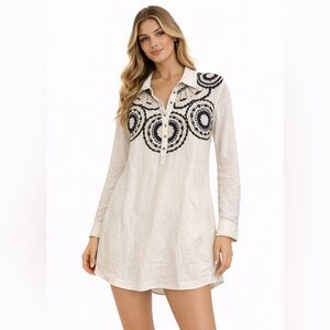 Free People RARE Size Medium Cream and Black Embroidered Tunic Dress